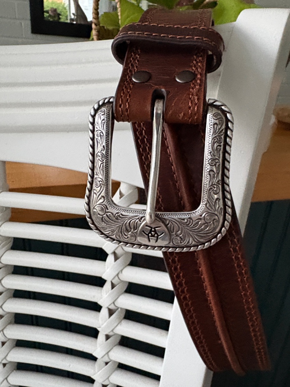 Ariat Brown Leather Men's Belt with Engraved Silver Buckle